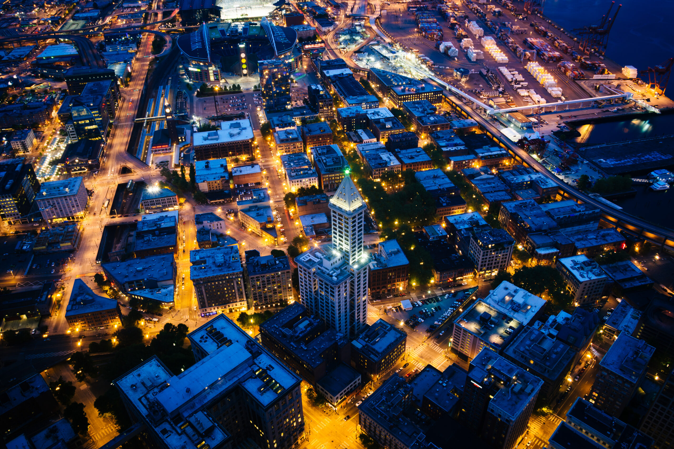 View of the Pioneer Square area at night, in Seattle, Washington