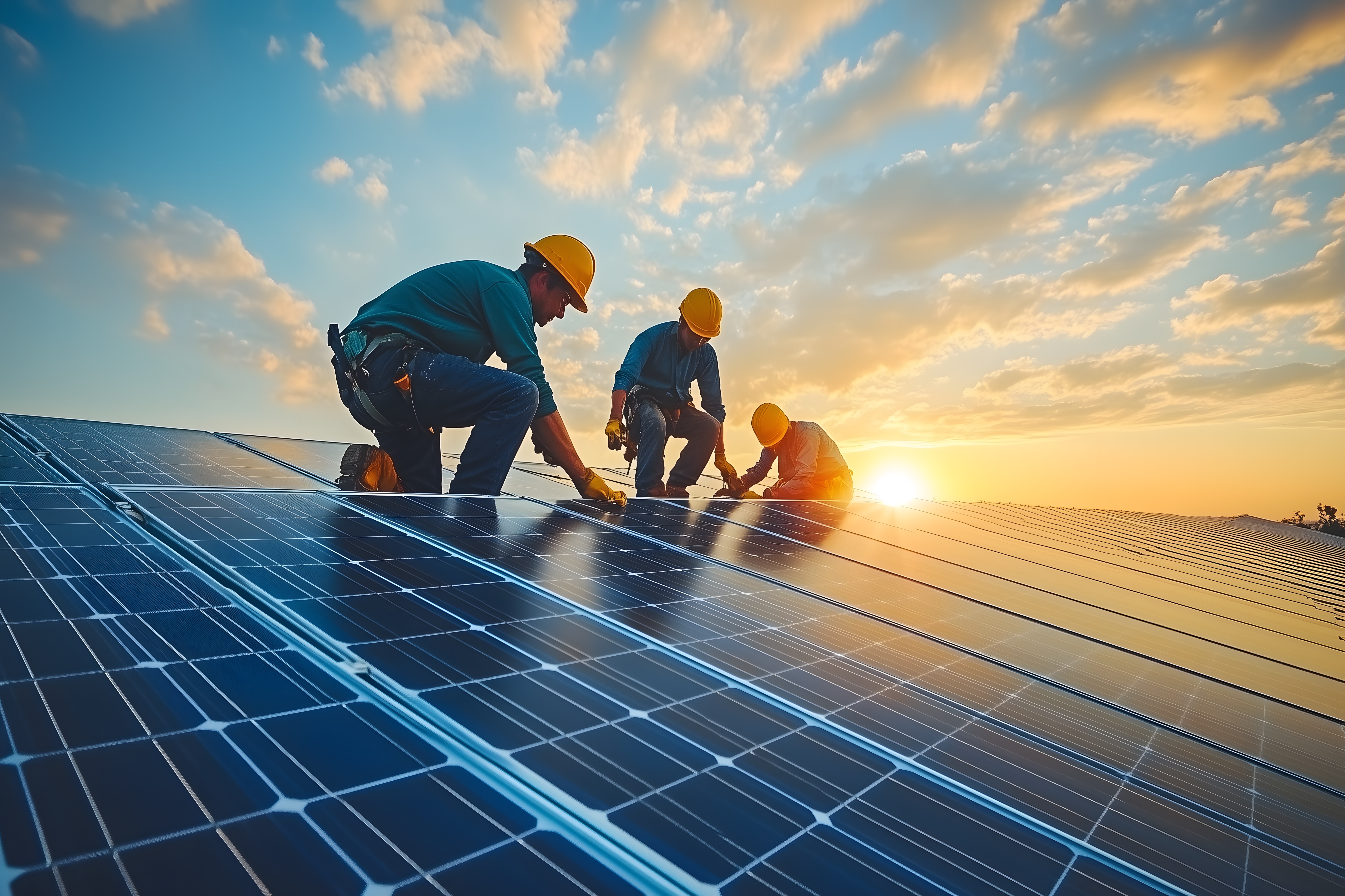Team of engineers and technicians working on photovoltaic solar power plant